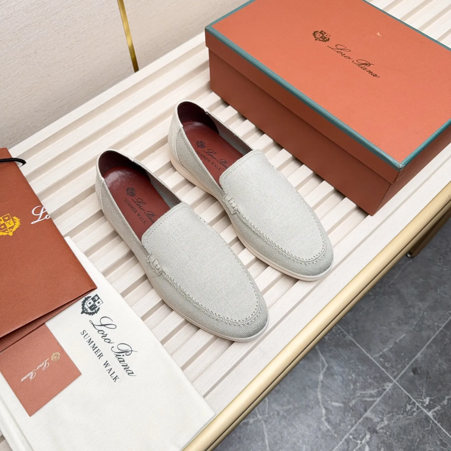 Men's Men's Shoes 💰400 Loro PIana moccasins are made of wish wool fabric. The upper is made of knitted fabric, made on a loom, and then attached to a rubber sole. The Rain System's water-repellent treatment enhances the shoe's functional design, while the suede details give the shoe a sense of elegance and sophistication. Made from Wish, fine wool from Australian and New Zealand Merino sheep